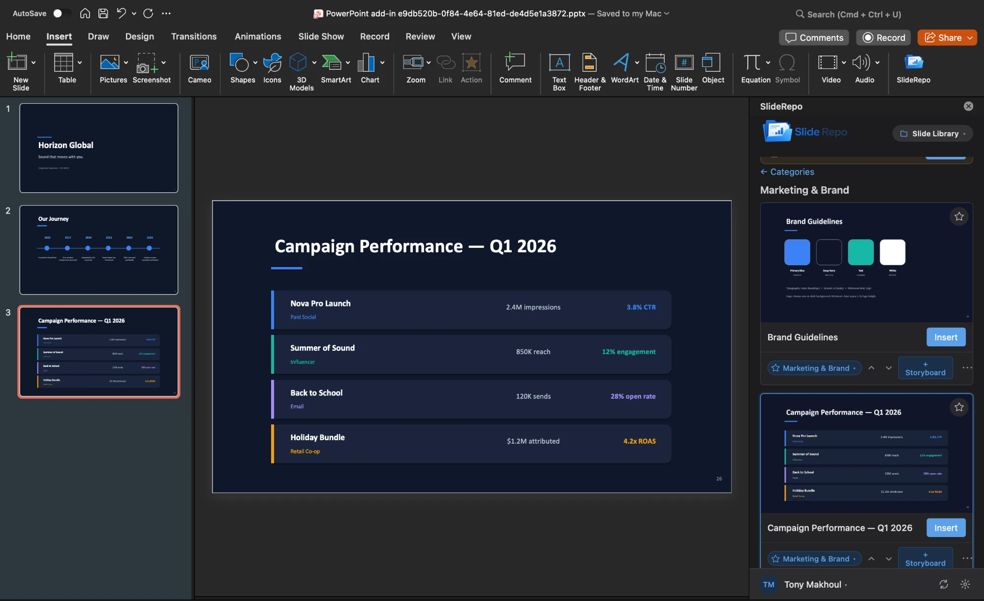 SlideRepo add-in inside Microsoft PowerPoint, browsing slides by category